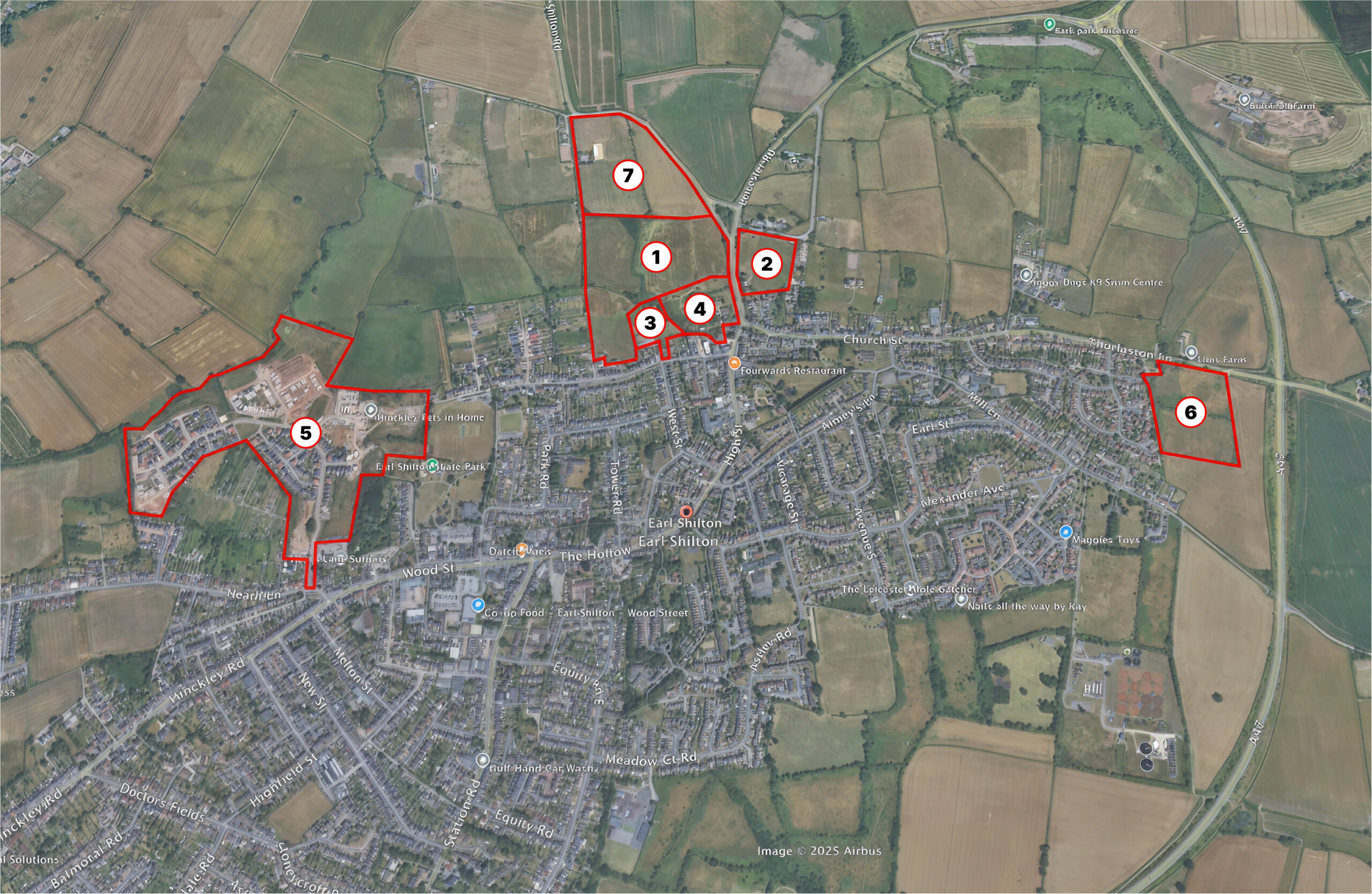 Earl Shilton development map with outlined sites and labels