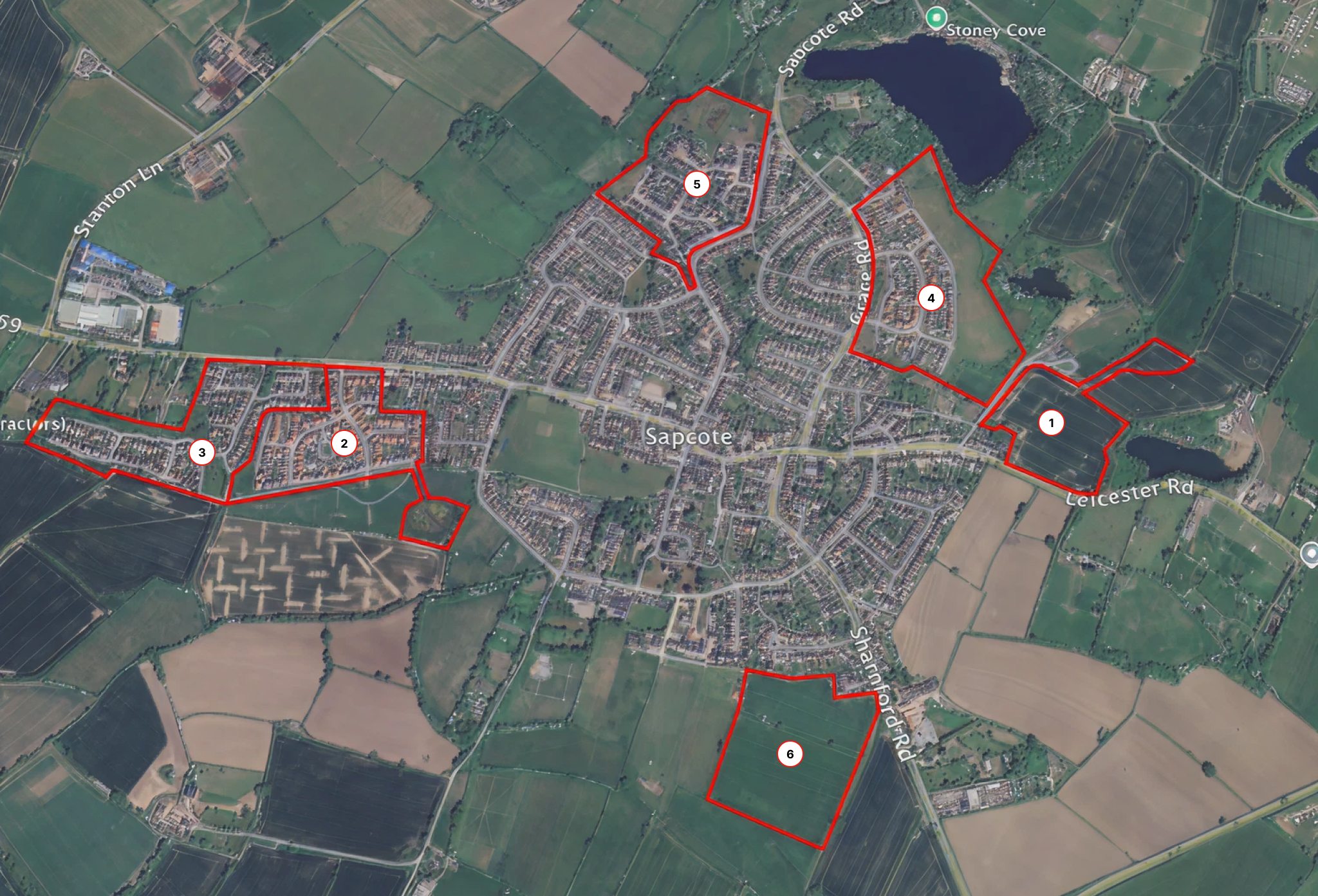 Sapcote development map with outlined sites and labels